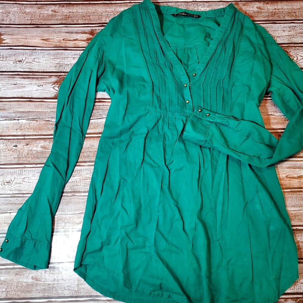 Zara Trafaluc Forest Green Cotton Boho Top XS EUC